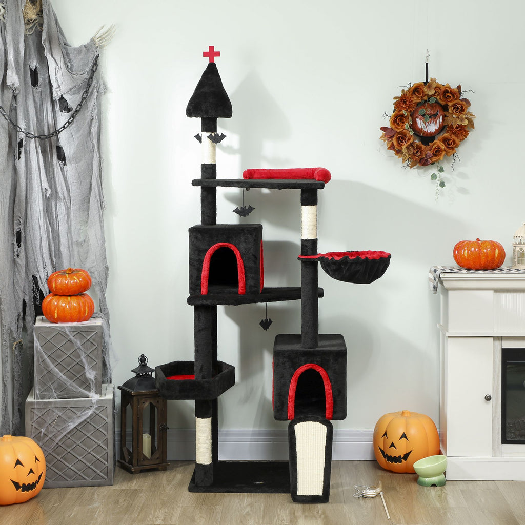 78" Gothic Cat Tree, Cat Tower with Coffin Bed, 2 Spacious Condos, Sisal Scratching Posts, Bat Hanging Balls, Halloween