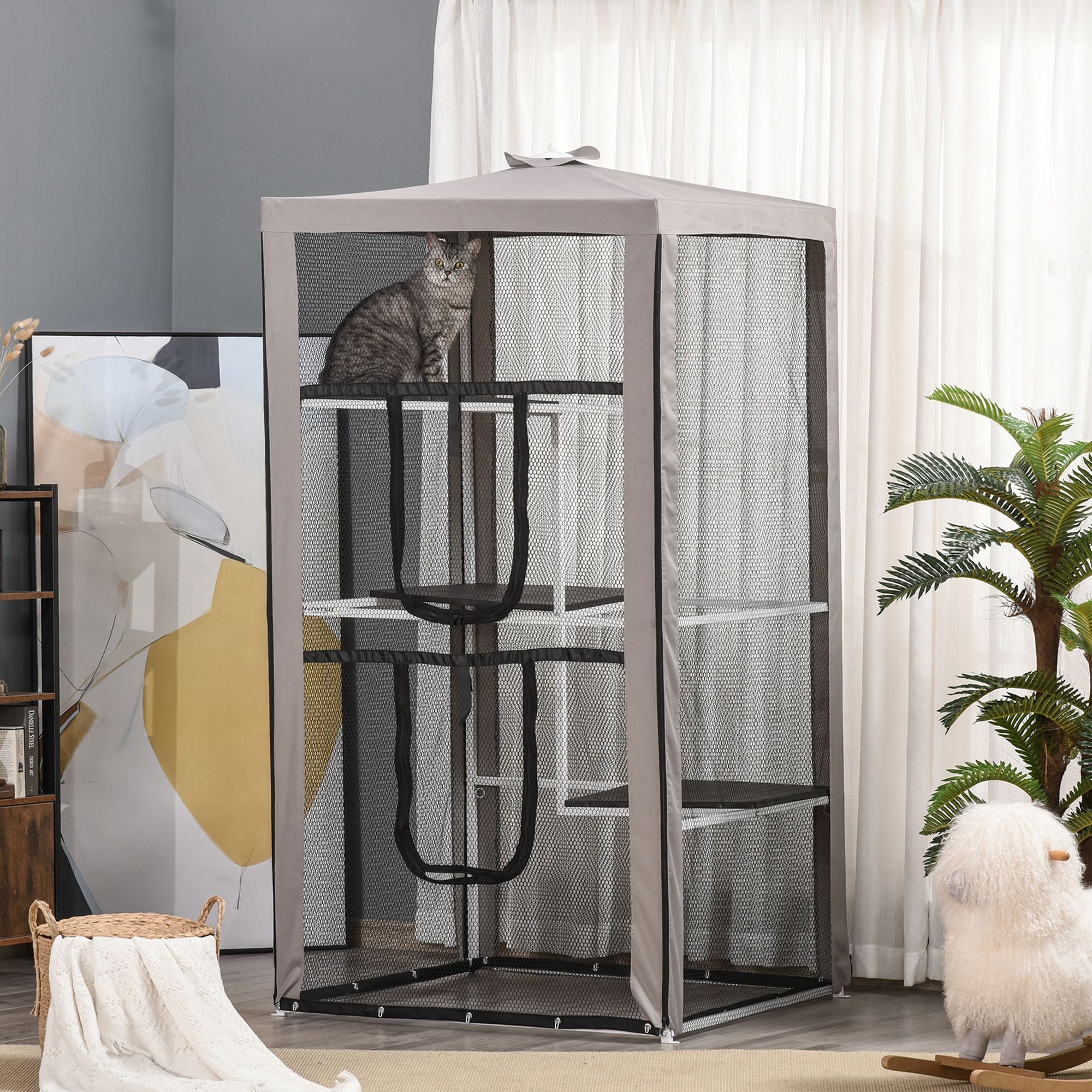 79"H Cat House Kitten Enclosure Mesh Playpen Steel Frame with 3 Platforms, 2 Doors and 4 Sandbags for Stability, Indoor/Outdoor
