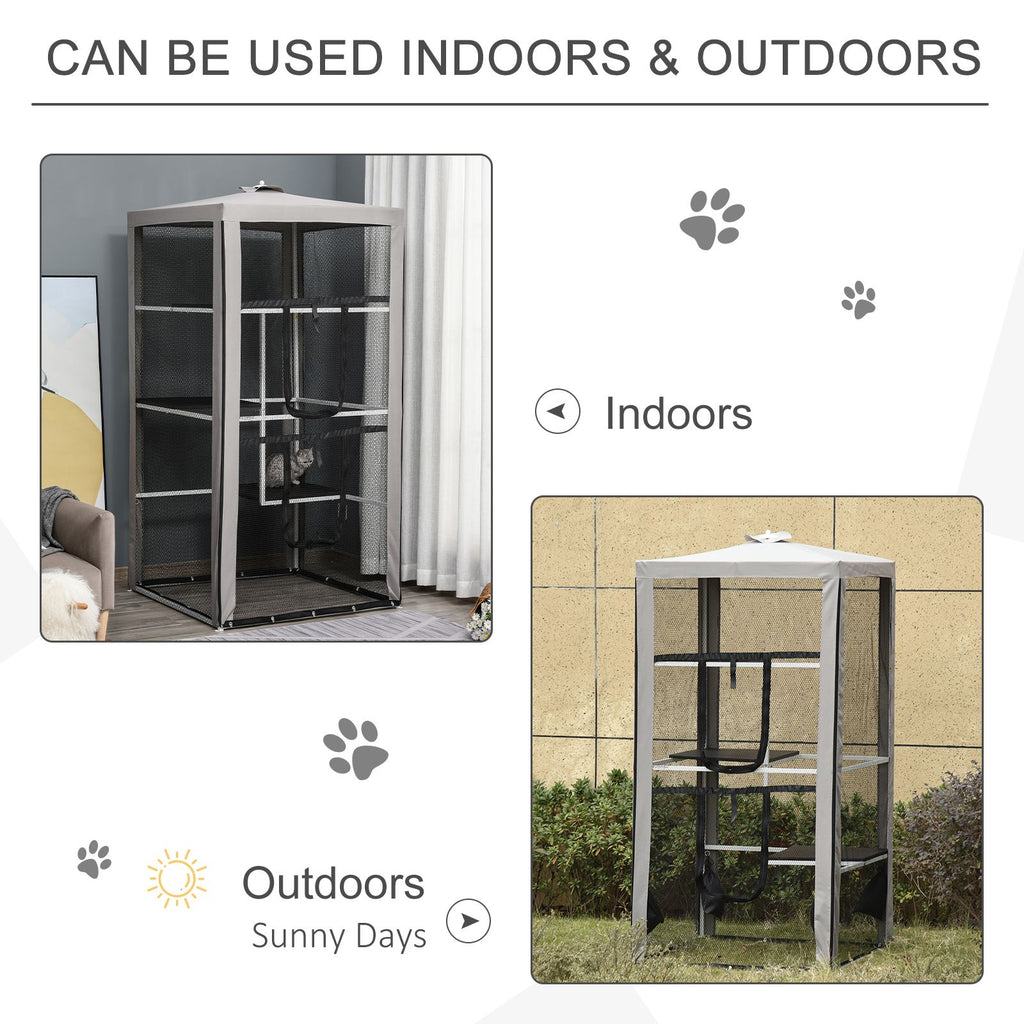 79"H Cat House Kitten Enclosure Mesh Playpen Steel Frame with 3 Platforms, 2 Doors and 4 Sandbags for Stability, Indoor/Outdoor