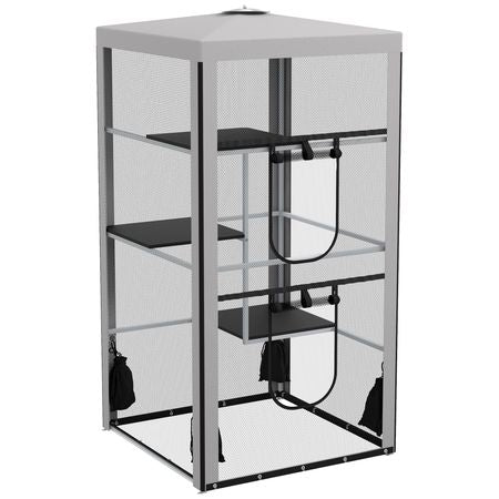 79"H Cat House Kitten Enclosure Mesh Playpen Steel Frame with 3 Platforms, 2 Doors and 4 Sandbags for Stability, Indoor/Outdoor