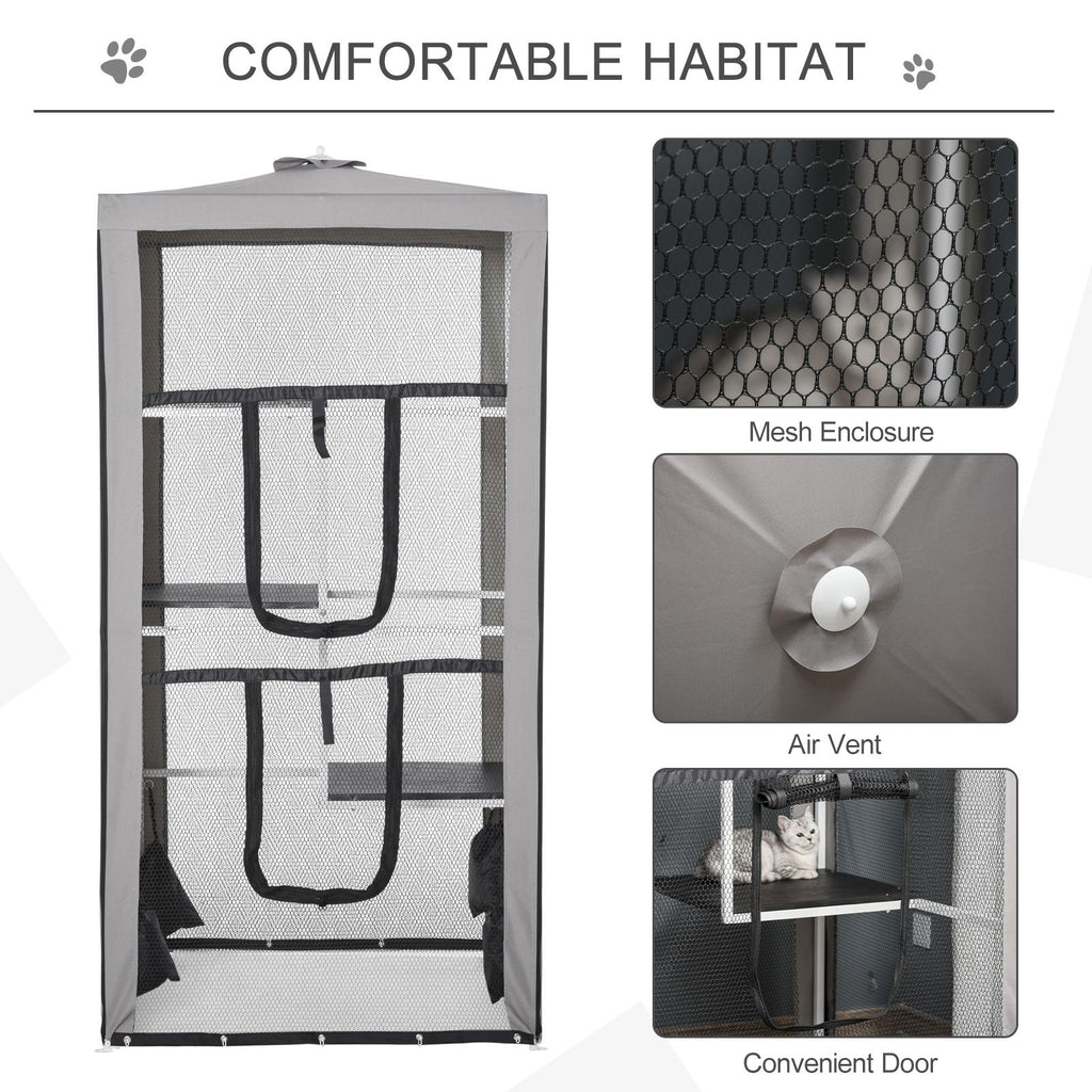 79"H Cat House Kitten Enclosure Mesh Playpen Steel Frame with 3 Platforms, 2 Doors and 4 Sandbags for Stability, Indoor/Outdoor