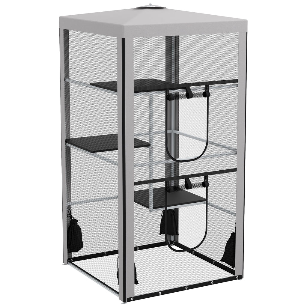 79"H Cat House Kitten Enclosure Mesh Playpen Steel Frame with 3 Platforms, 2 Doors and 4 Sandbags for Stability, Indoor/Outdoor