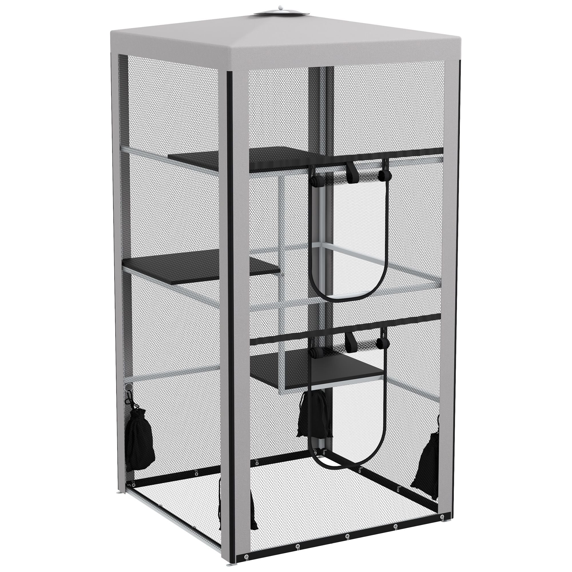 79"H Cat House Kitten Enclosure Mesh Playpen Steel Frame with 3 Platforms, 2 Doors and 4 Sandbags for Stability, Indoor/Outdoor