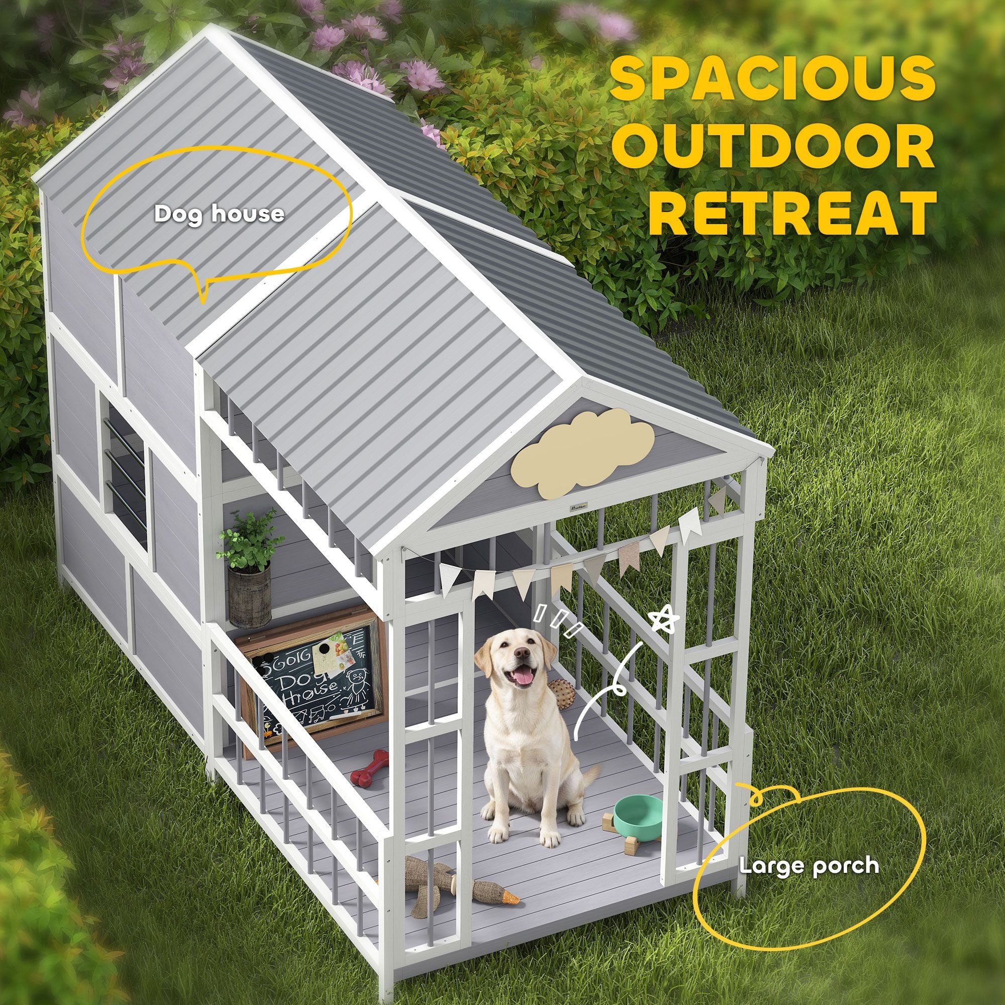 Large furniture-style Dog House with Porch, Storage Cabinet & Windows