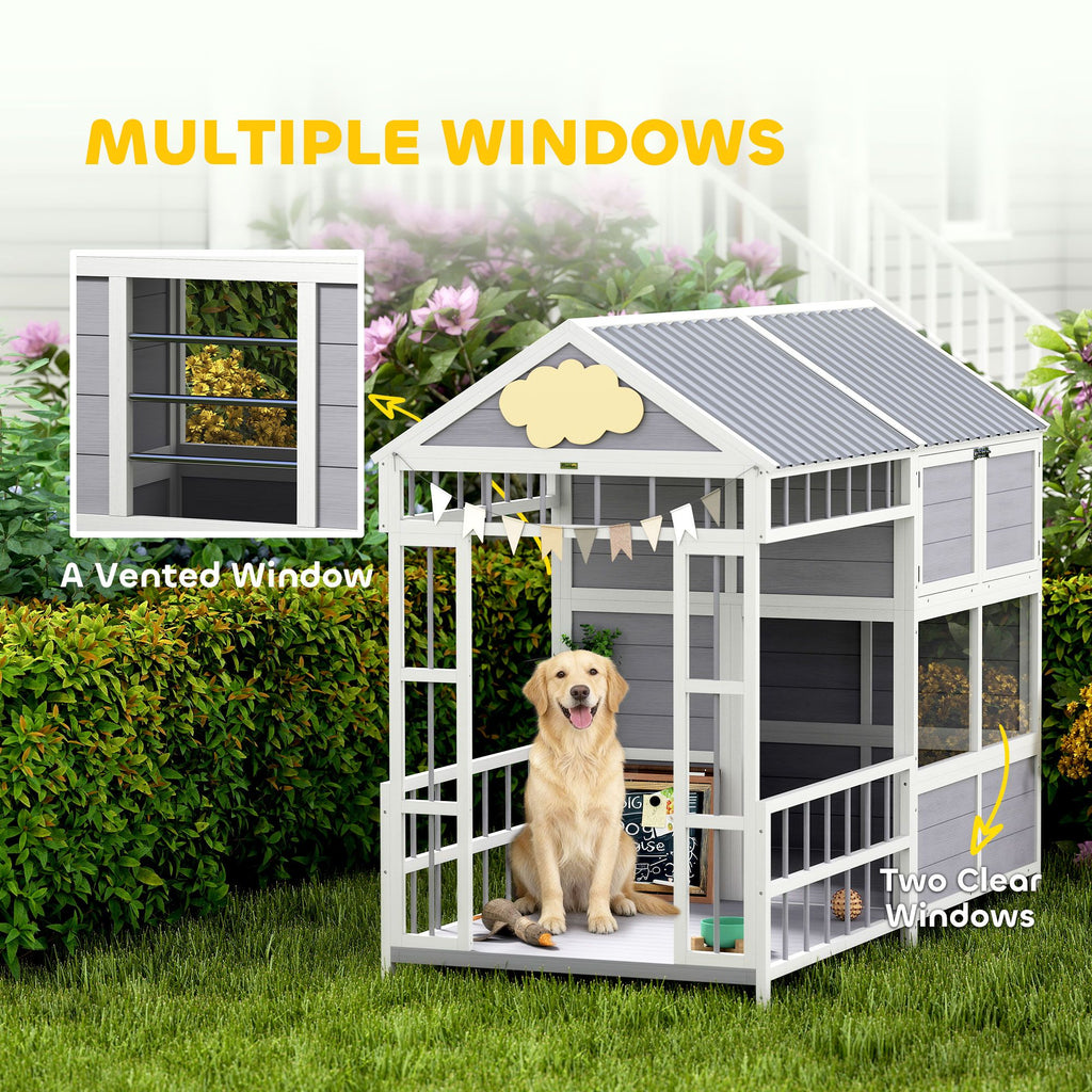 Large furniture-style Dog House with Porch, Storage Cabinet & Windows