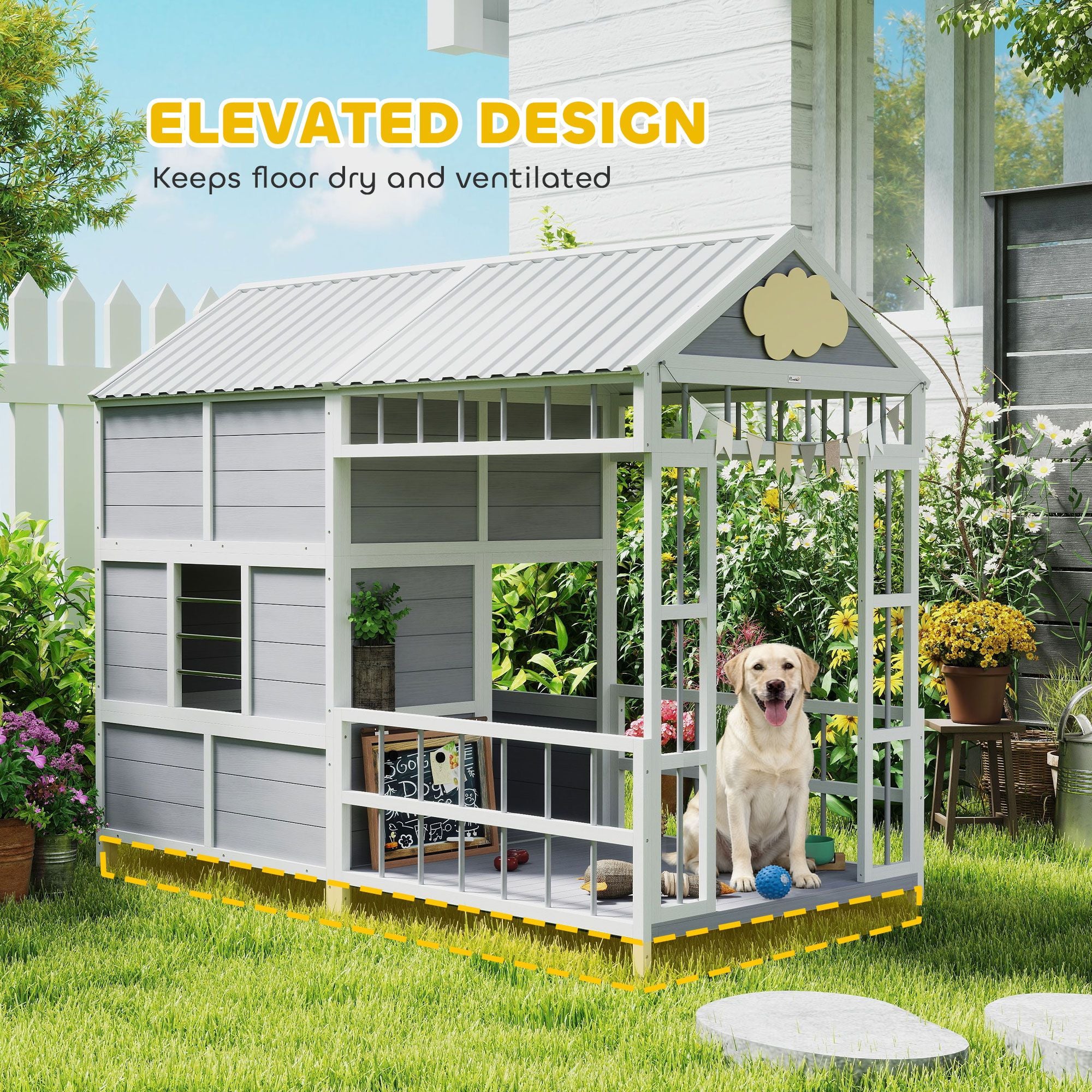 Large furniture-style Dog House with Porch, Storage Cabinet & Windows