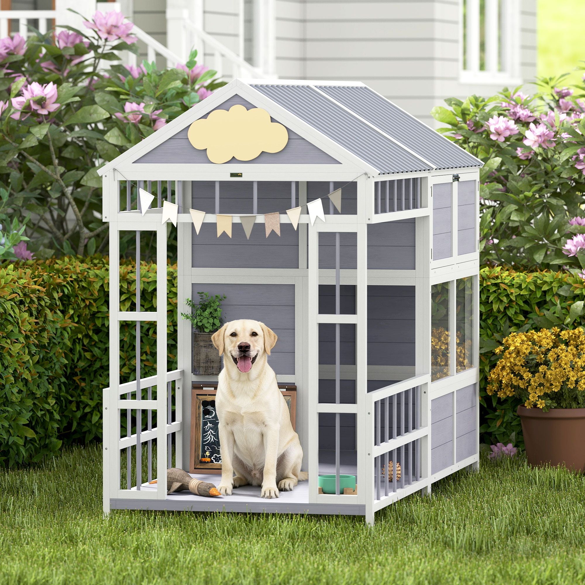 Large furniture-style Dog House with Porch, Storage Cabinet & Windows