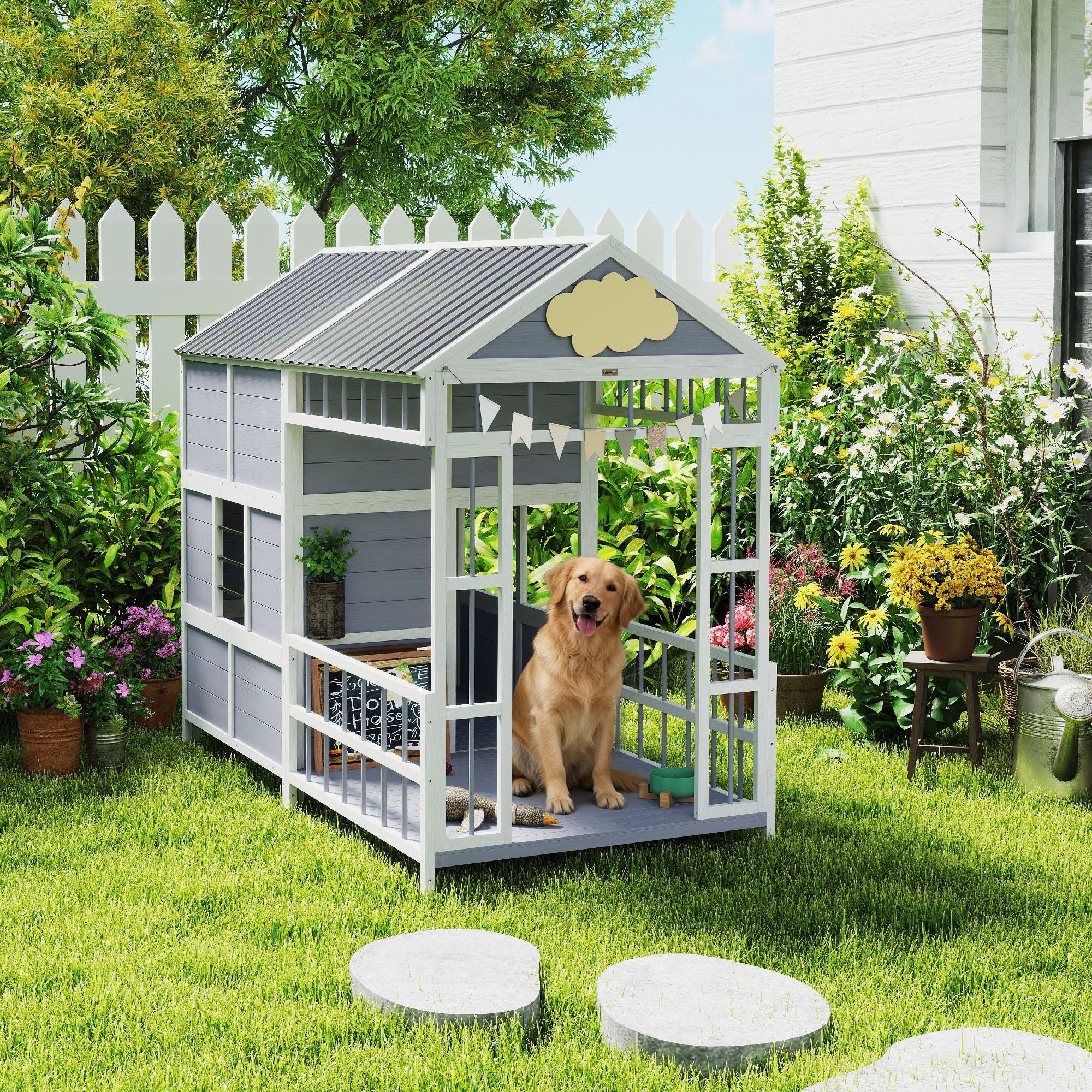 Large furniture-style Dog House with Porch, Storage Cabinet & Windows