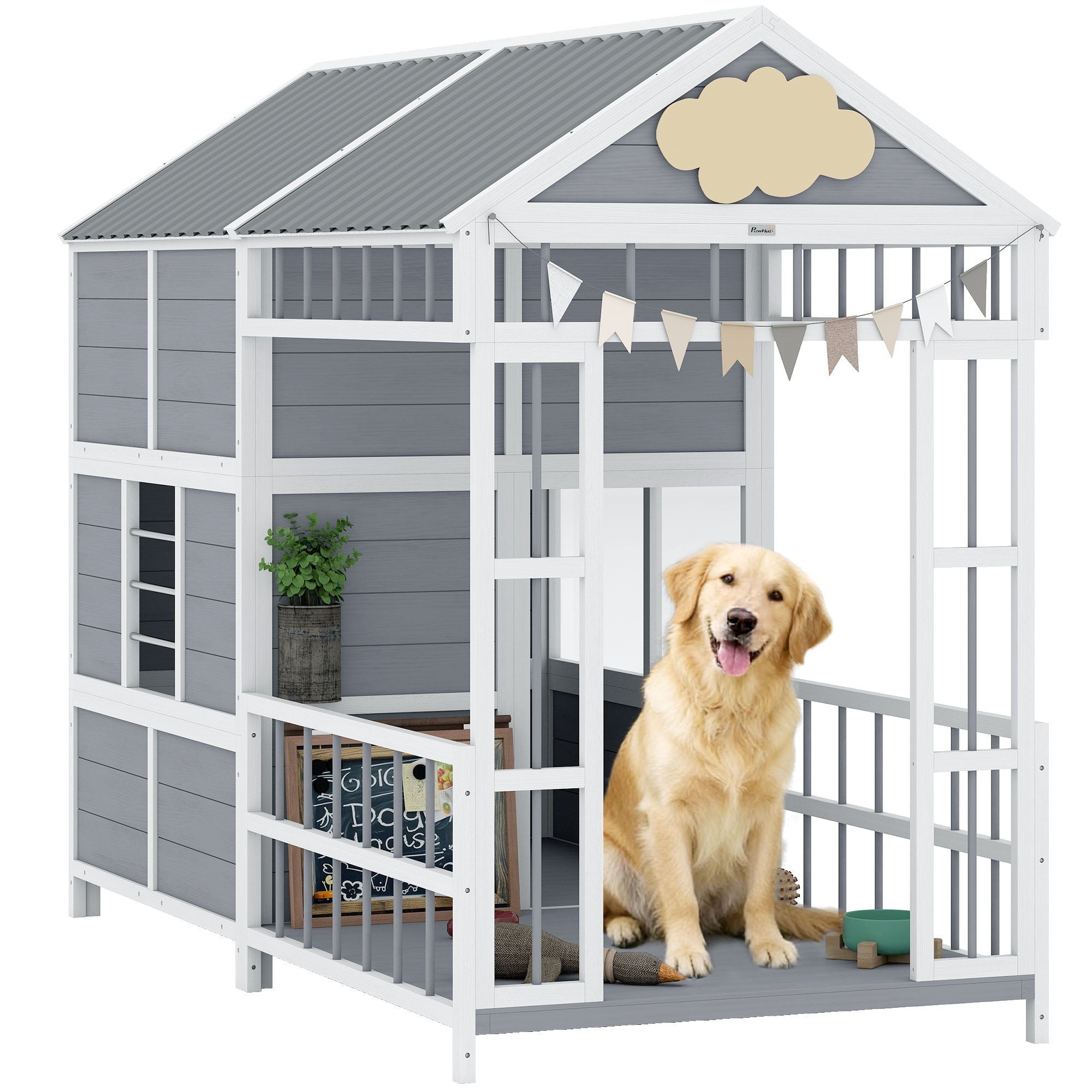 Large furniture-style Dog House with Porch, Storage Cabinet & Windows