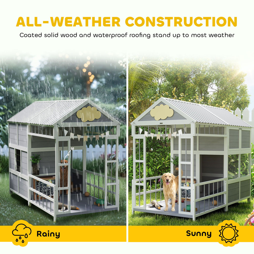 Large furniture-style Dog House with Porch, Storage Cabinet & Windows