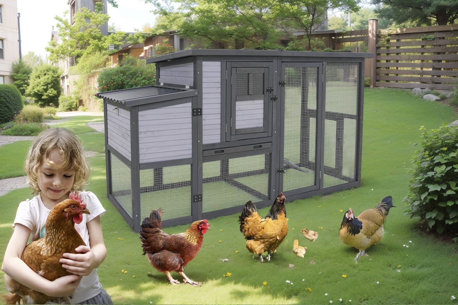 Large 79" furniture-style Chicken Coop with Upgraded Perches & Weatherproof Roof