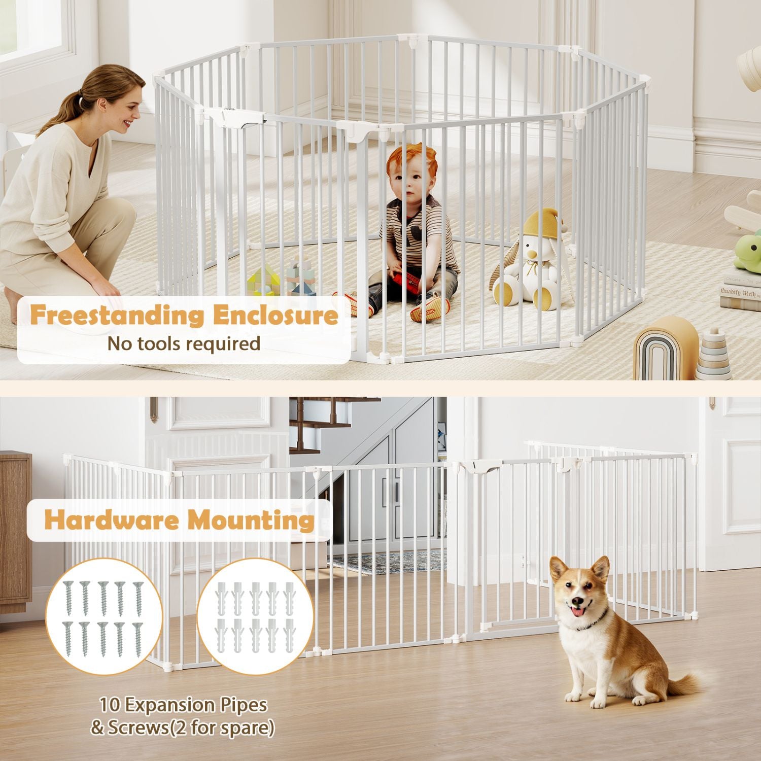 8-Panel Extra Wide Baby Gate: Auto-Close Door & Expandable Design for Pets & Kids
