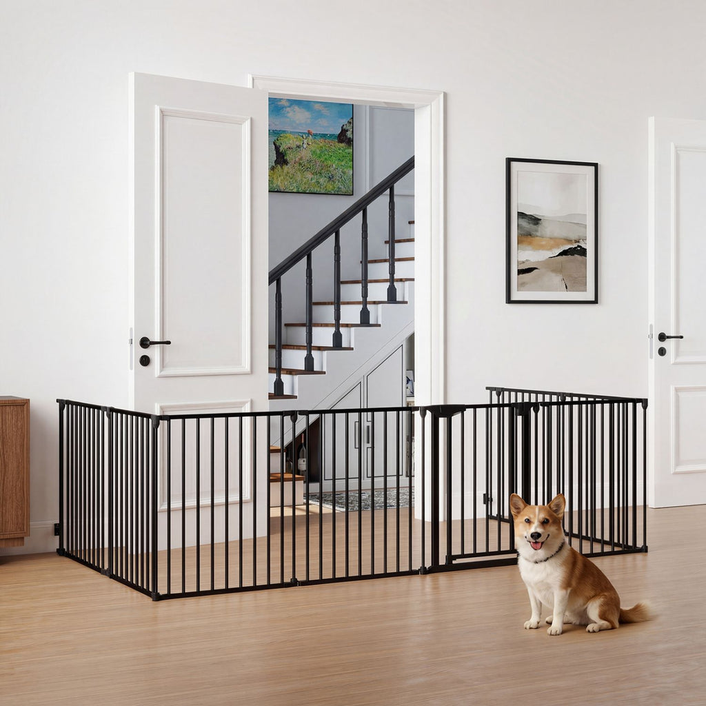 8-Panel Extra Wide Baby Gate: Auto-Close Door & Expandable Design for Pets & Kids