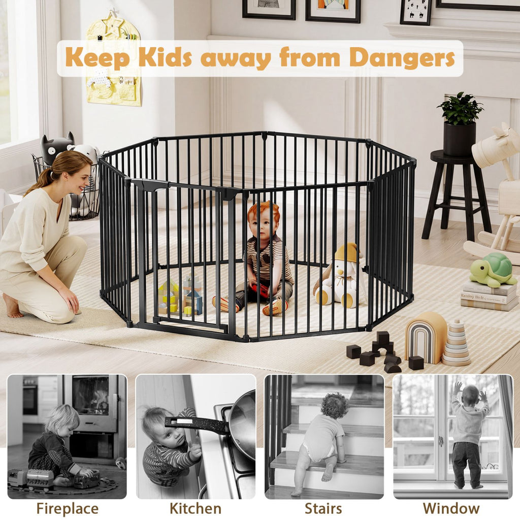 8-Panel Extra Wide Baby Gate: Auto-Close Door & Expandable Design for Pets & Kids