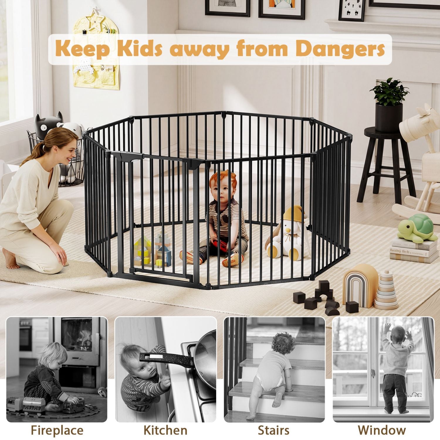 8-Panel Extra Wide Baby Gate: Auto-Close Door & Expandable Design for Pets & Kids