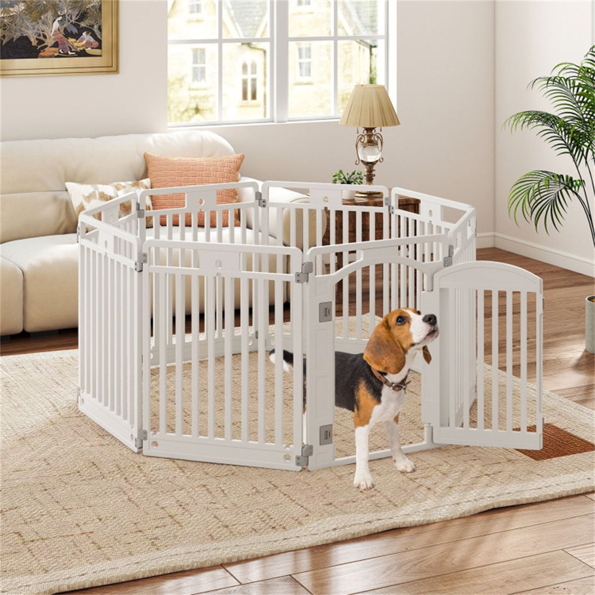 8-Panel HDPE Pet Fence (White) - Multiple Configurations (Octagon/Square/House), 50"x50"x32" Square Size, Lockable Door