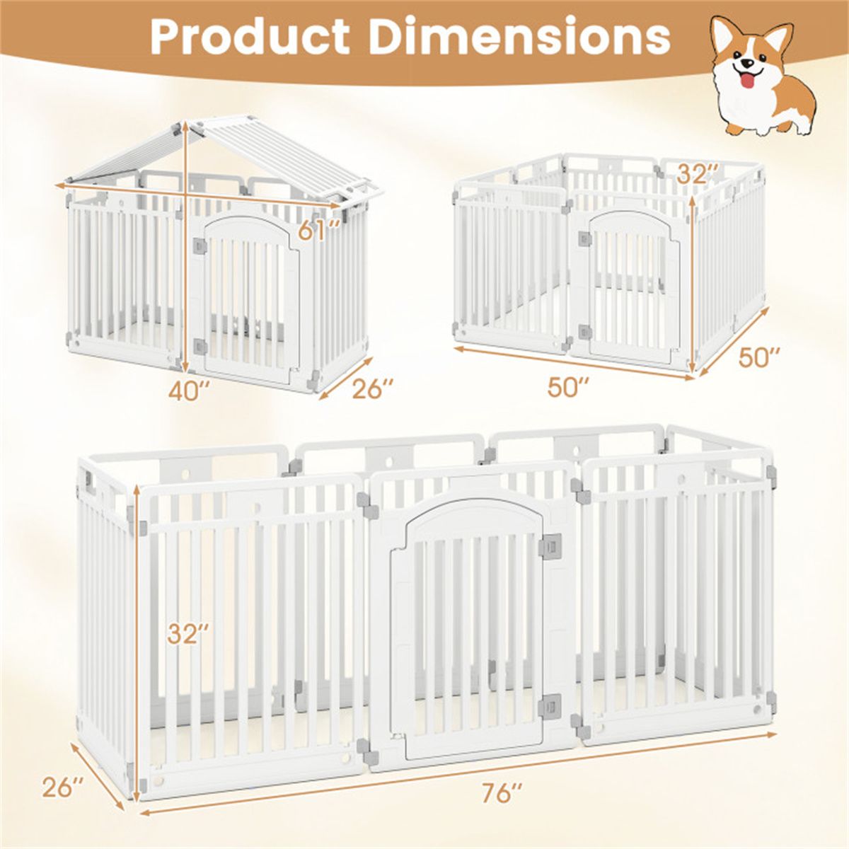 8-Panel HDPE Pet Fence (White) - Multiple Configurations (Octagon/Square/House), 50"x50"x32" Square Size, Lockable Door