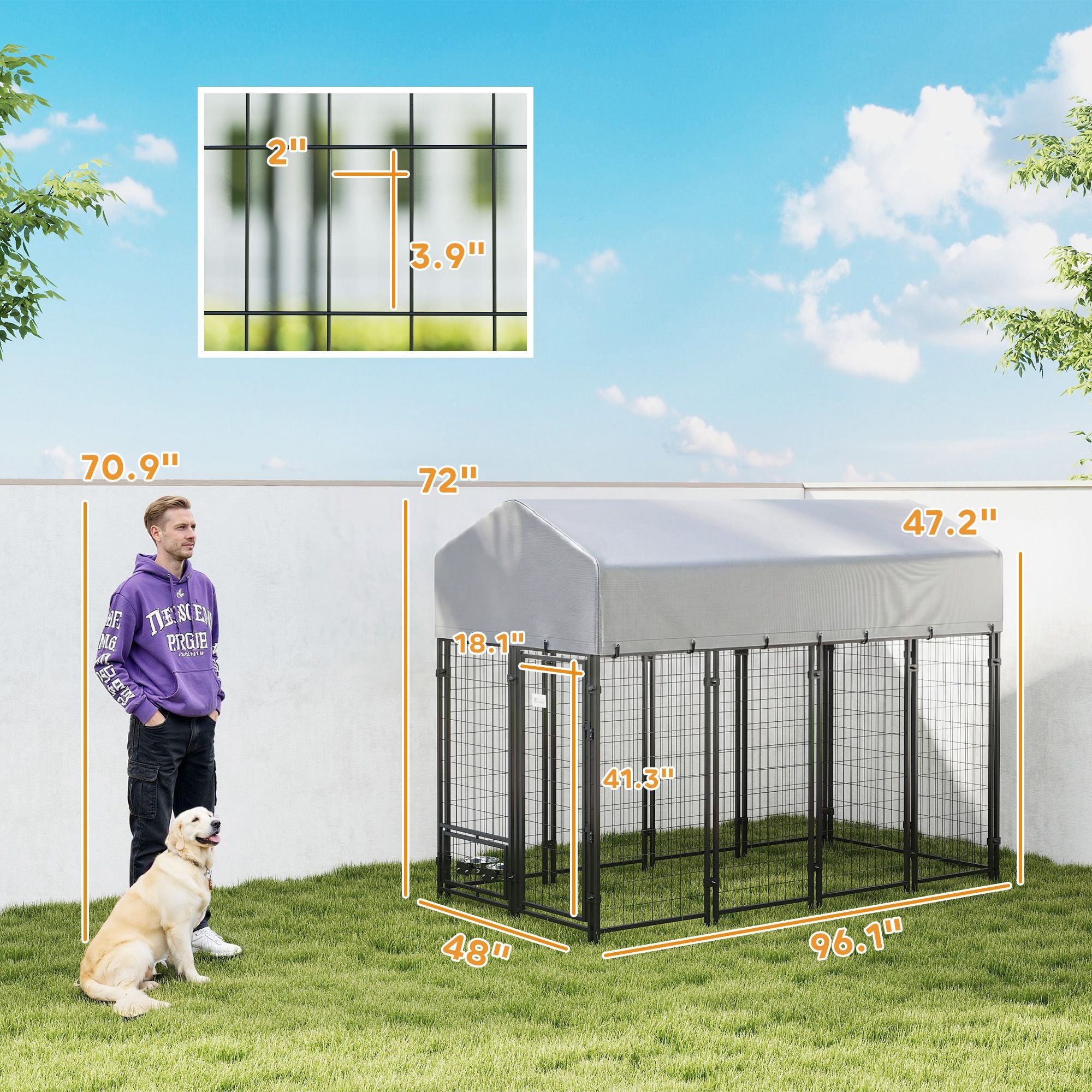 Spacious Outdoor Dog Kennel with UV-Protective Roof and Rotating Bowls