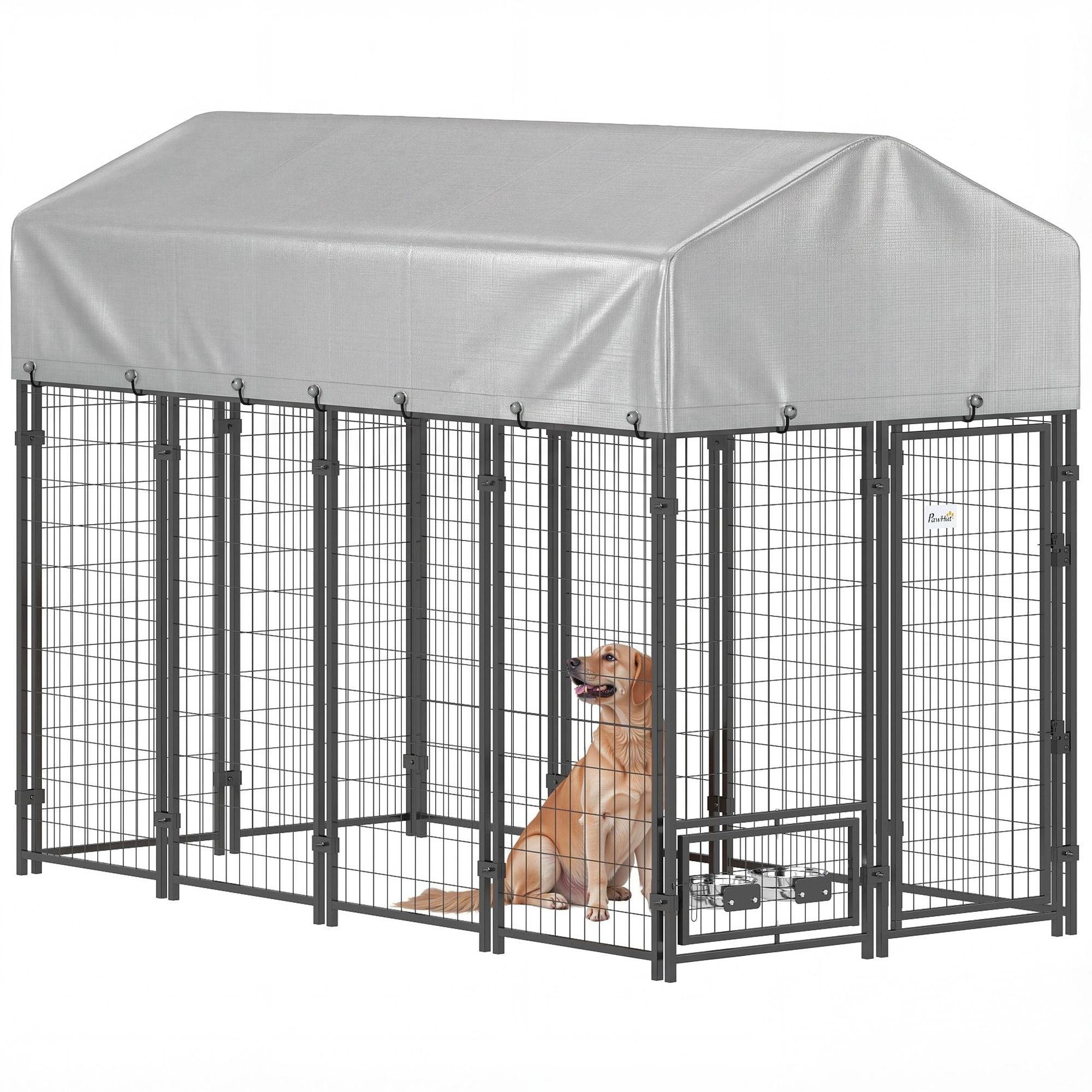 Spacious Outdoor Dog Kennel with UV-Protective Roof and Rotating Bowls