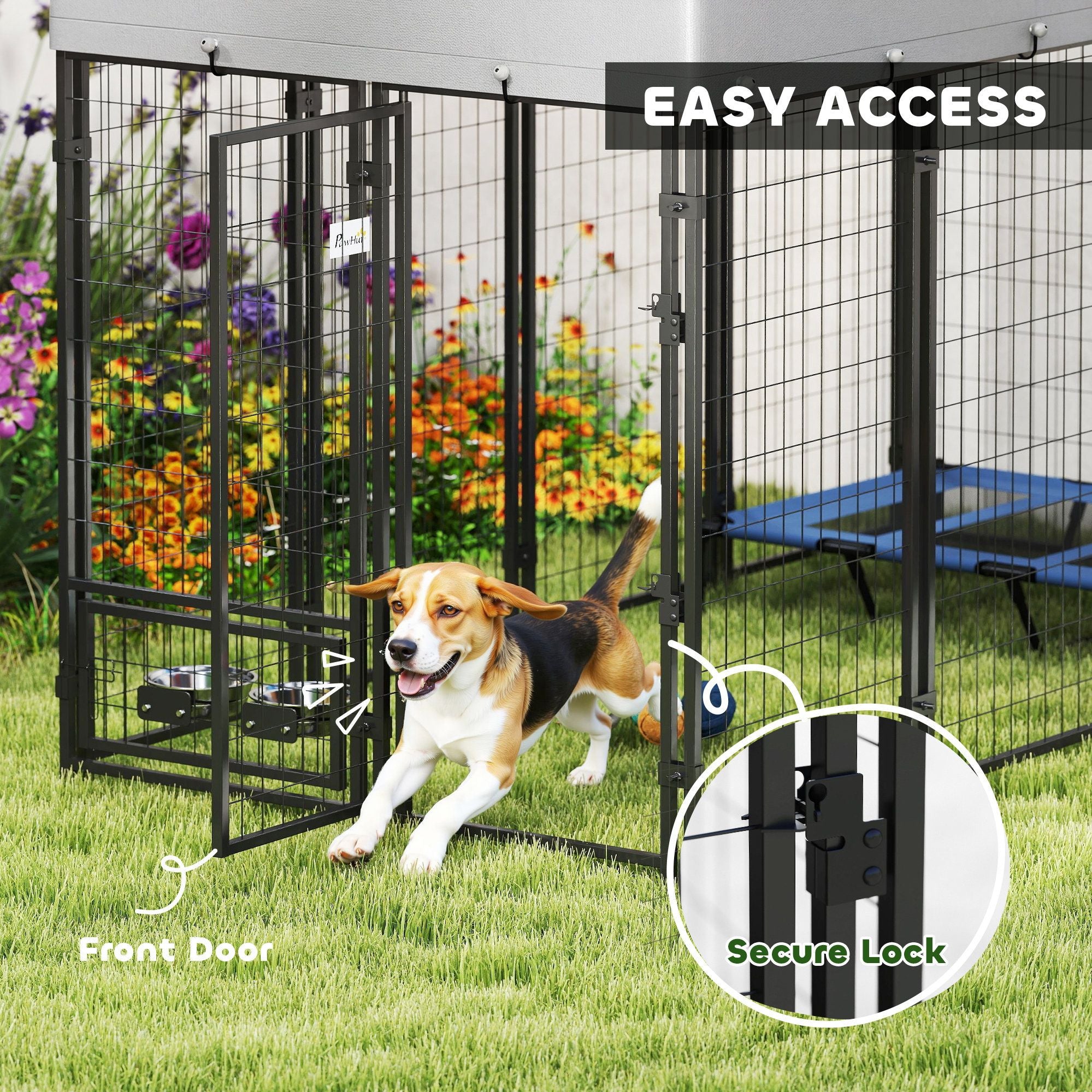 Spacious Outdoor Dog Kennel with UV-Protective Roof and Rotating Bowls
