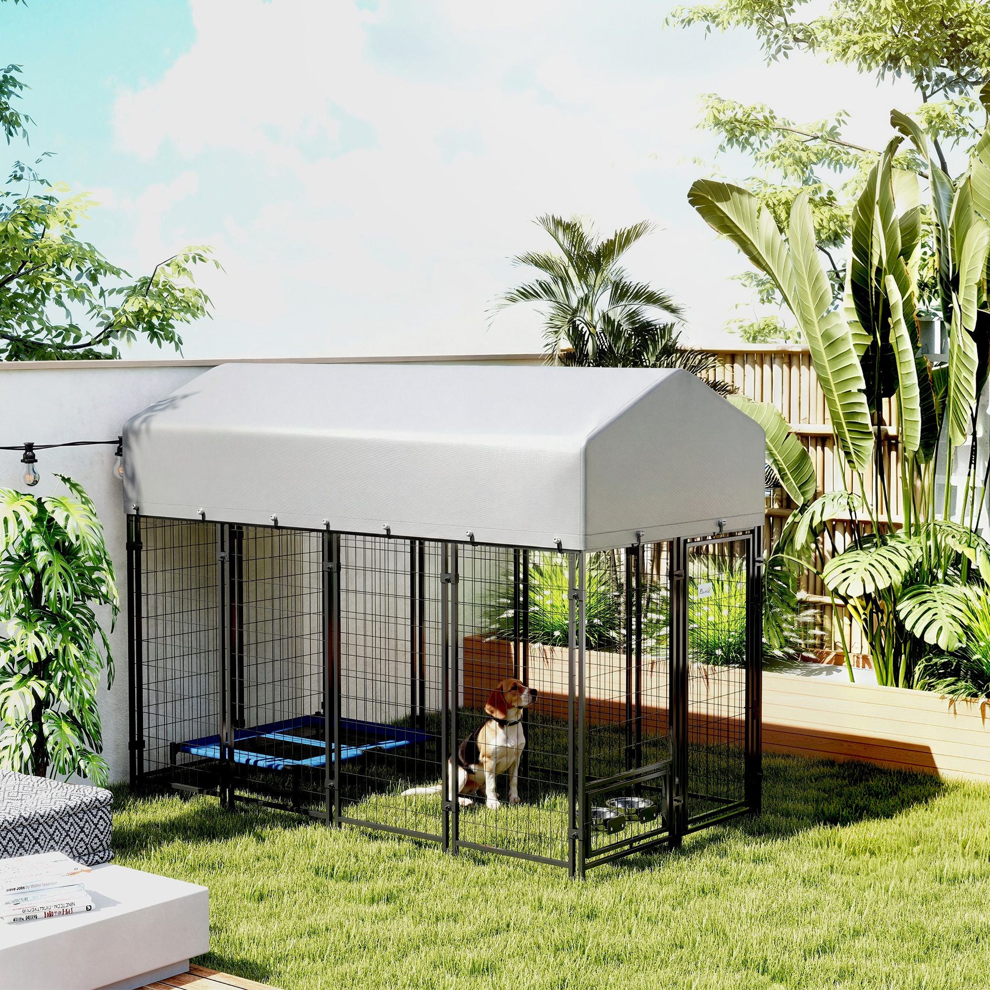 Spacious Outdoor Dog Kennel with UV-Protective Roof and Rotating Bowls