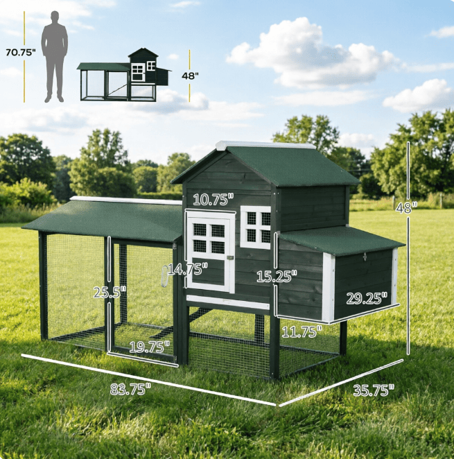 84- furniture-style Chicken Coop with Run, Nesting Box, and Asphalt Roof for 2-3 Chickens