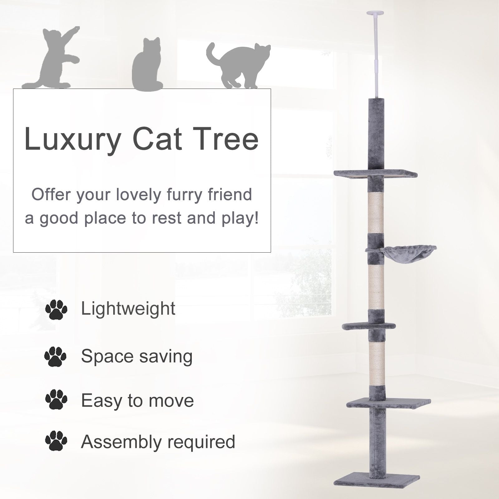 8.5' Adjustable Height Floor-to-Ceiling Vertical Cat Tree, 5 Level Cat Climbing Tower, Gray