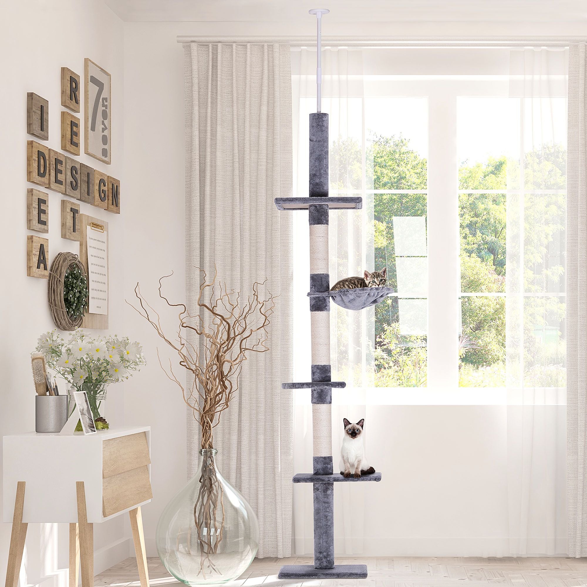 8.5' Adjustable Height Floor-to-Ceiling Vertical Cat Tree, 5 Level Cat Climbing Tower, Gray