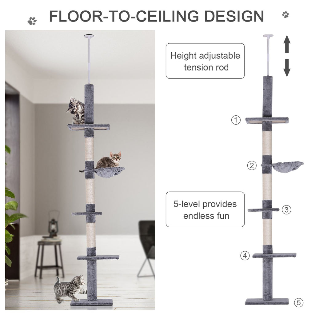 8.5' Adjustable Height Floor-to-Ceiling Vertical Cat Tree, 5 Level Cat Climbing Tower, Gray