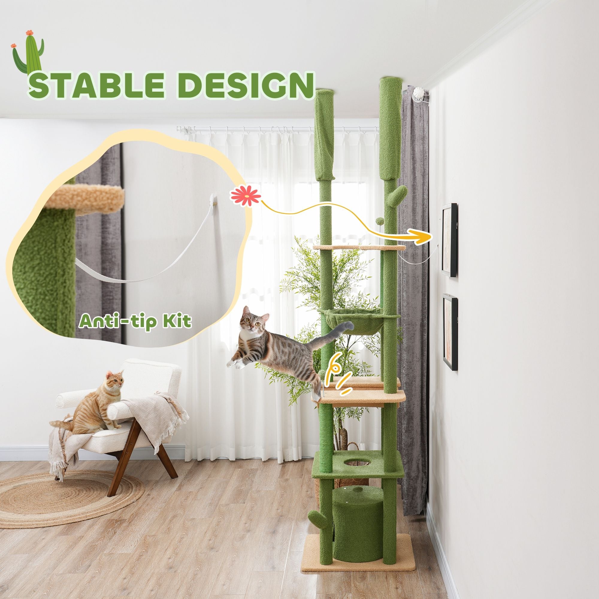 Floor-to-Ceiling Cat Tree with Hammocks & Grooming Brush