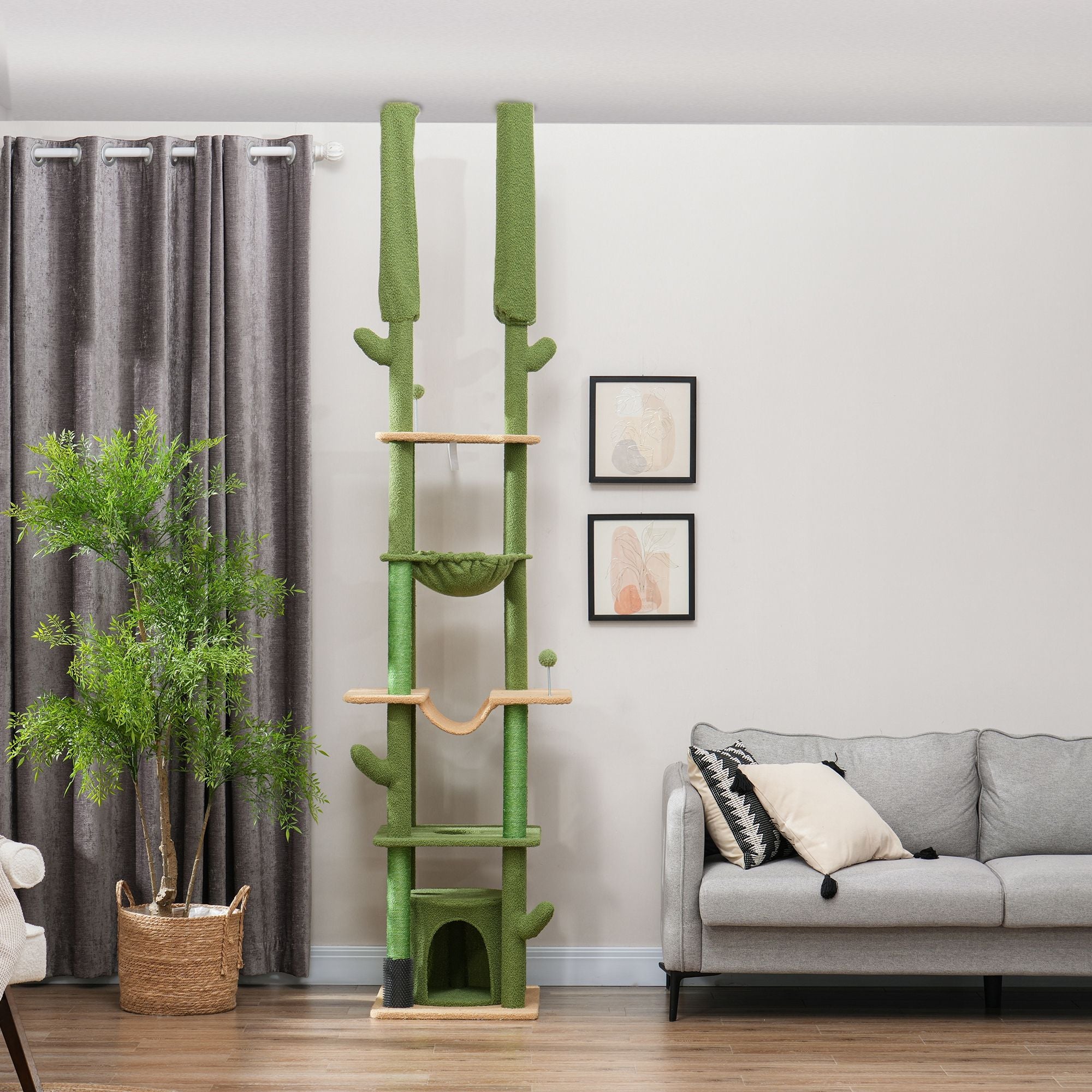 Floor-to-Ceiling Cat Tree with Hammocks & Grooming Brush