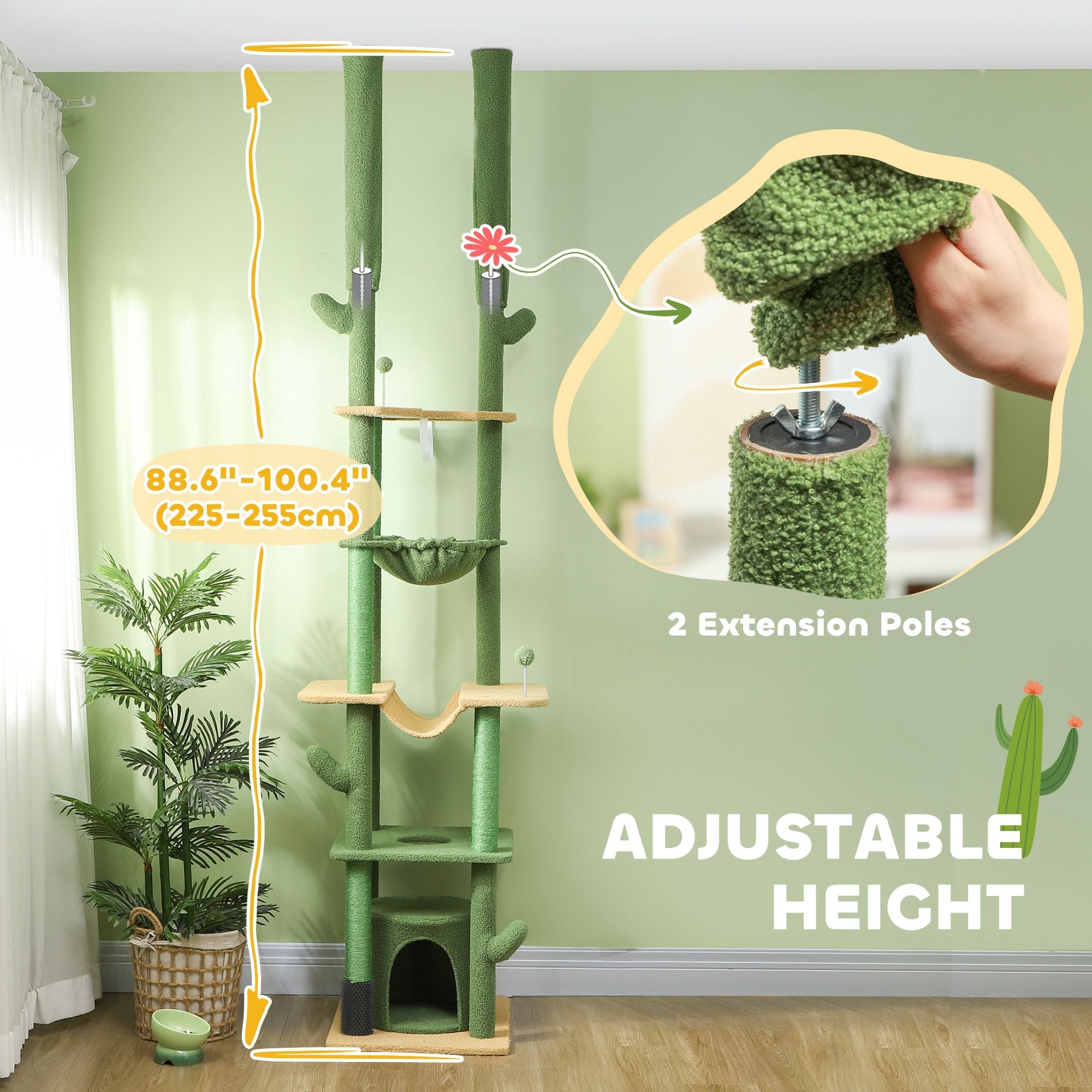 Floor-to-Ceiling Cat Tree with Hammocks & Grooming Brush