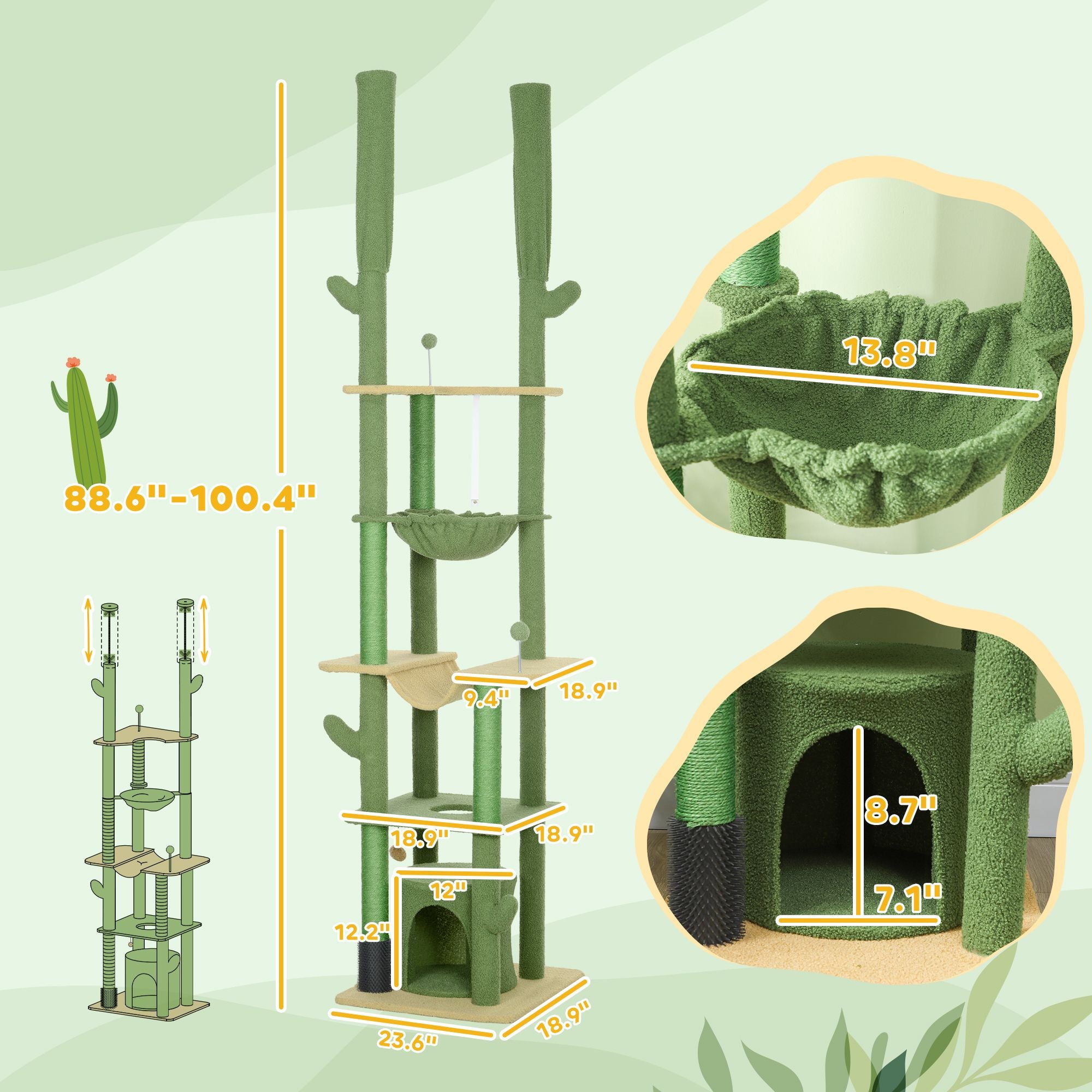 Floor-to-Ceiling Cat Tree with Hammocks & Grooming Brush