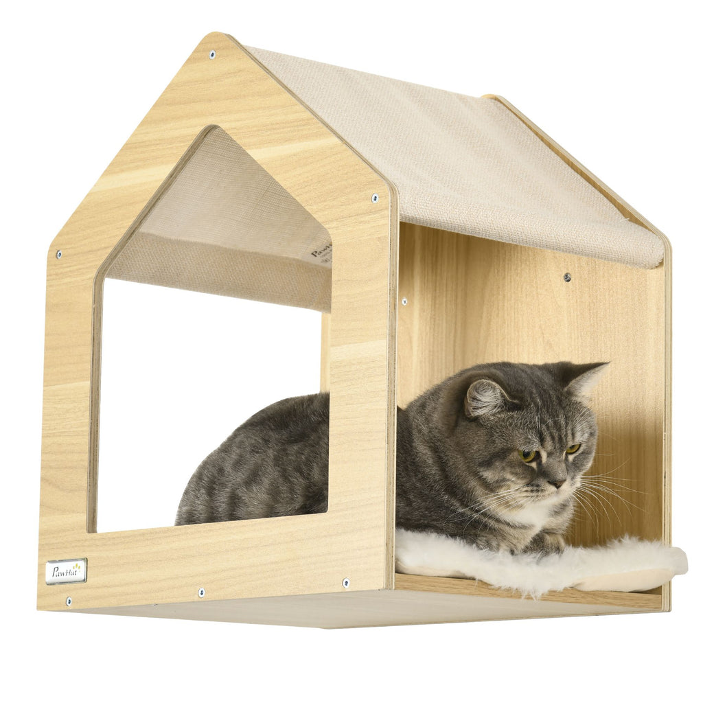 8PCs Cat Wall Shelves Pet Wall-mounted Climbing Shelf Set with Cushion Condo Scratching Posts Hammock Oak