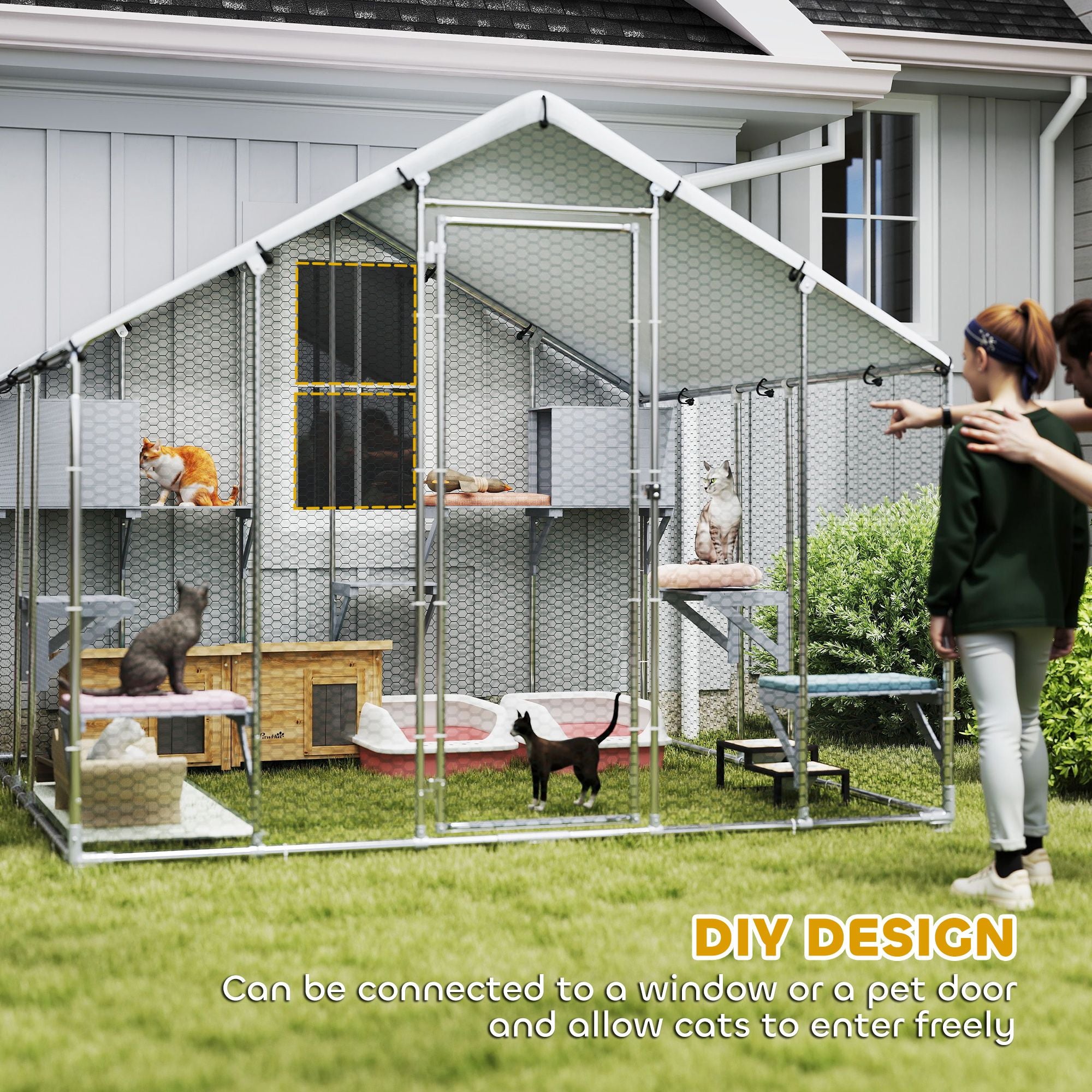 94.5" Extra Large Metal Outdoor Catio with Waterproof Cover, 2 Resting Boxes, 7 Jumping Platforms, for Multiple Cats