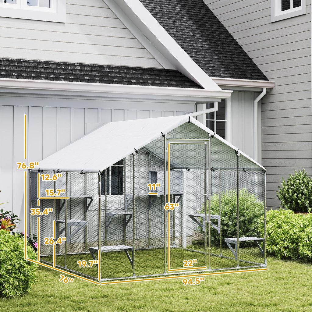 94.5" Extra Large Metal Outdoor Catio with Waterproof Cover, 2 Resting Boxes, 7 Jumping Platforms, for Multiple Cats