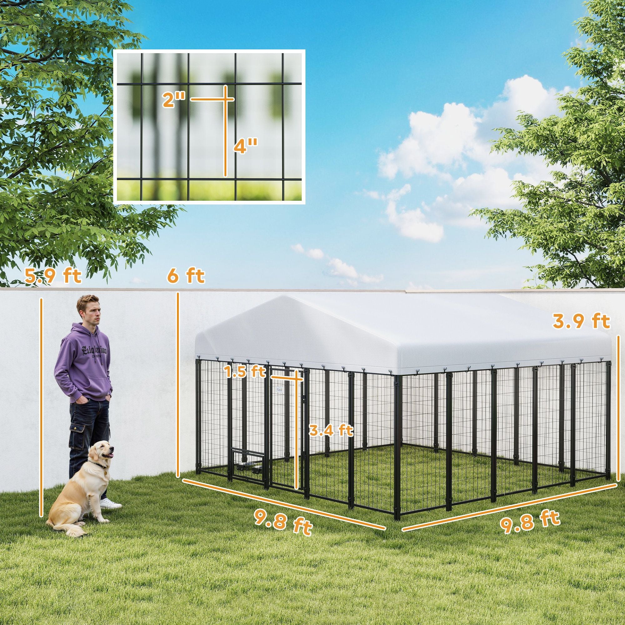 Large Outdoor Dog Kennel with Escape-Proof Design and Rotating Bowls