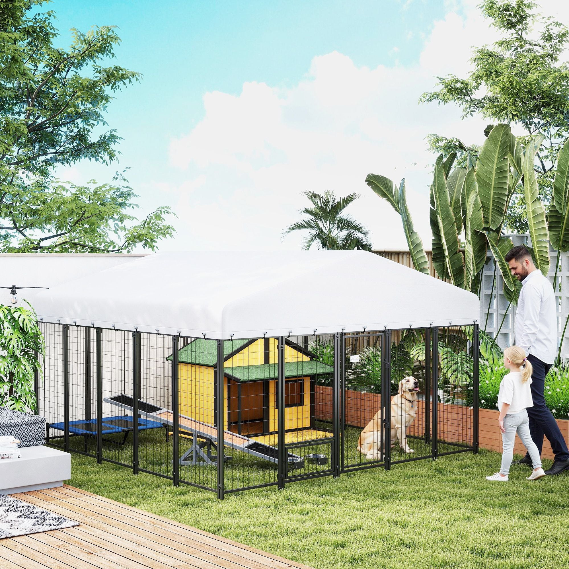 Large Outdoor Dog Kennel with Escape-Proof Design and Rotating Bowls