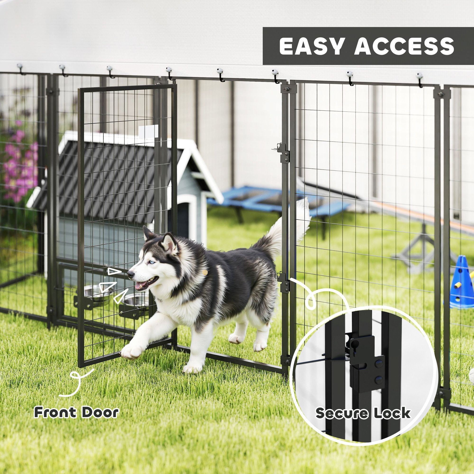 Large Outdoor Dog Kennel with Escape-Proof Design and Rotating Bowls