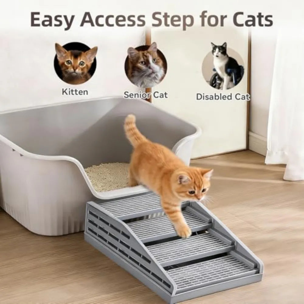 Adjustable Cat Litter Box Step with Litter Trapping Tray