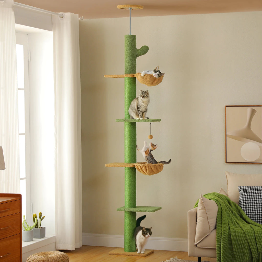 Cactus-Shaped Floor-to-Ceiling Cat Tower with Hammock and Scratching Post