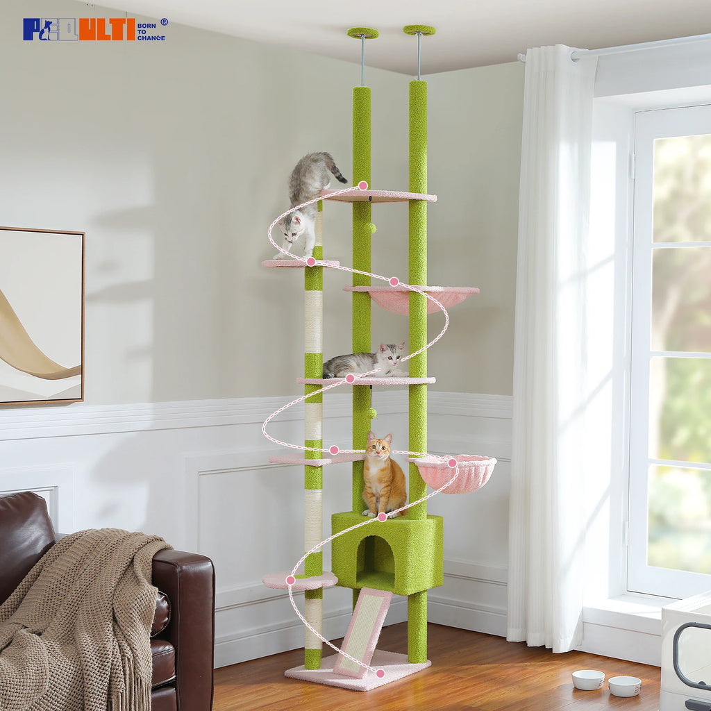 Floor-to-Ceiling Cat Tower with Cactus Design and Cozy Hammock