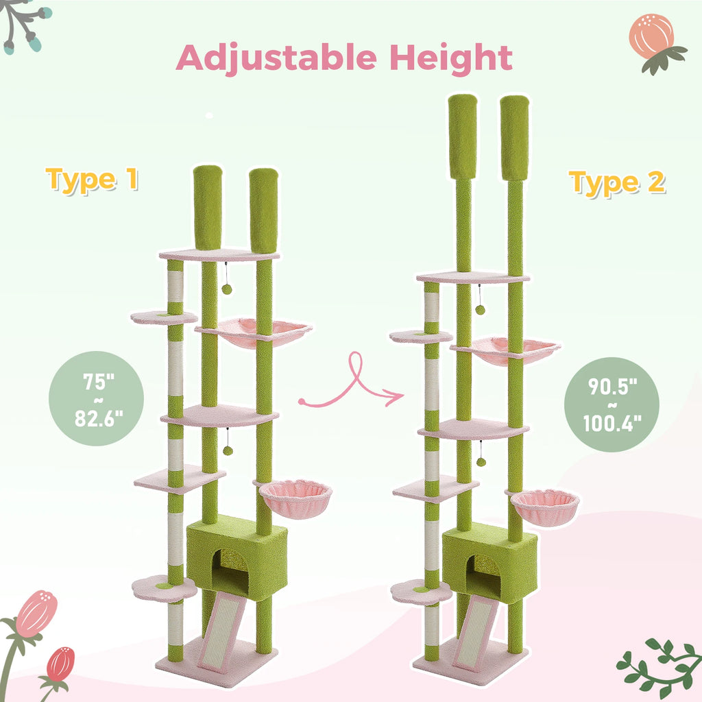 Plant-Inspired Floor-to-Ceiling Cat Tower with Condo, Hammock, and Scratching Post