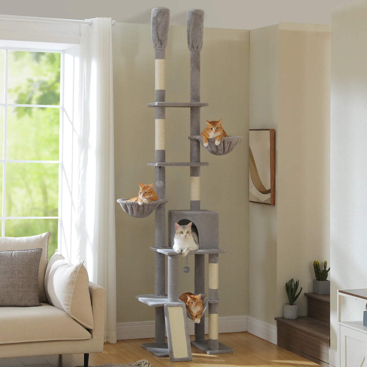 Adjustable Floor-to-Ceiling Cat Climbing Tower with Cactus Condo