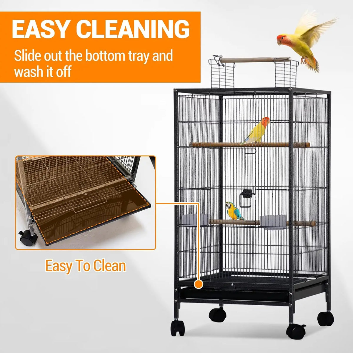 Bird Cage with Open Playtop, Perches, and Locking Wheels