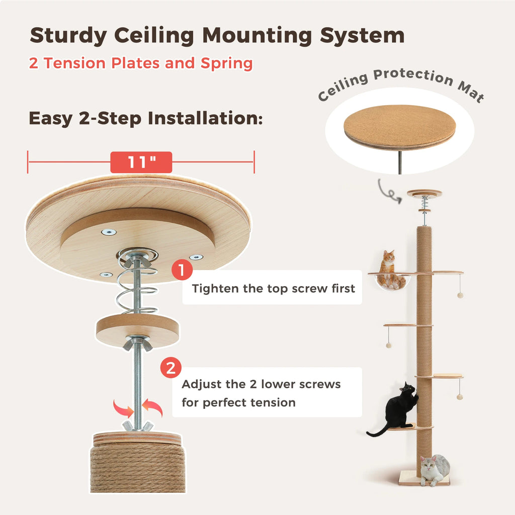 Adjustable Floor-to-Ceiling Cat Tree with Cave and Hanging Toys