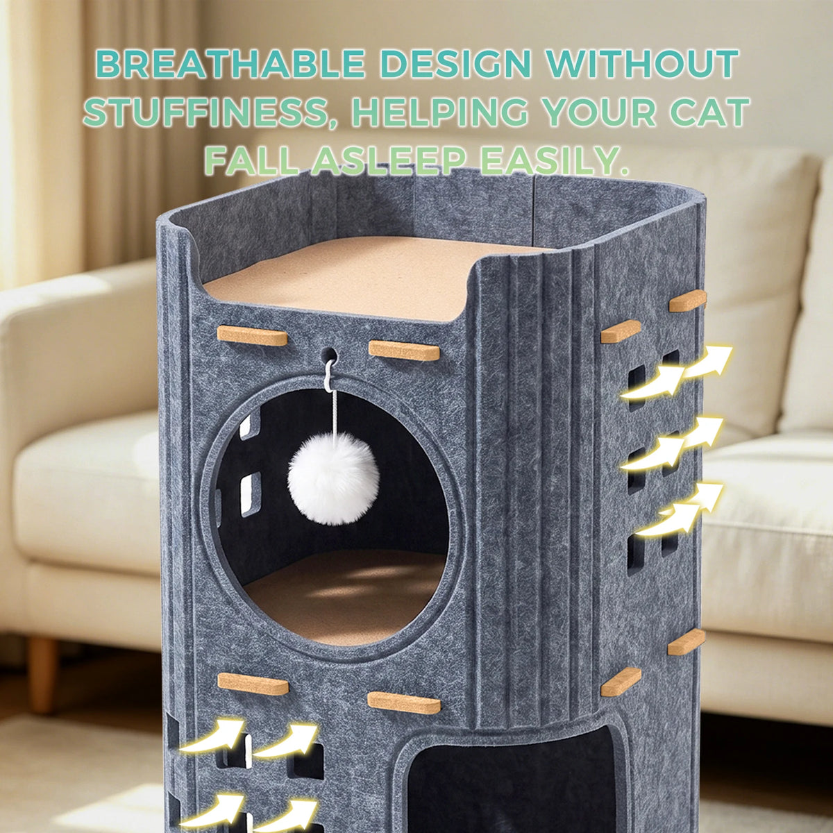Two-Tier Detachable Cat Condo with Double Cave and Hanging Toy