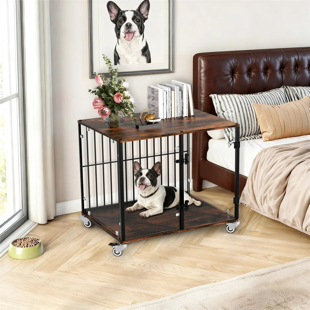 Furniture-Style Dog Kennel with Side Table and Lockable Wheels