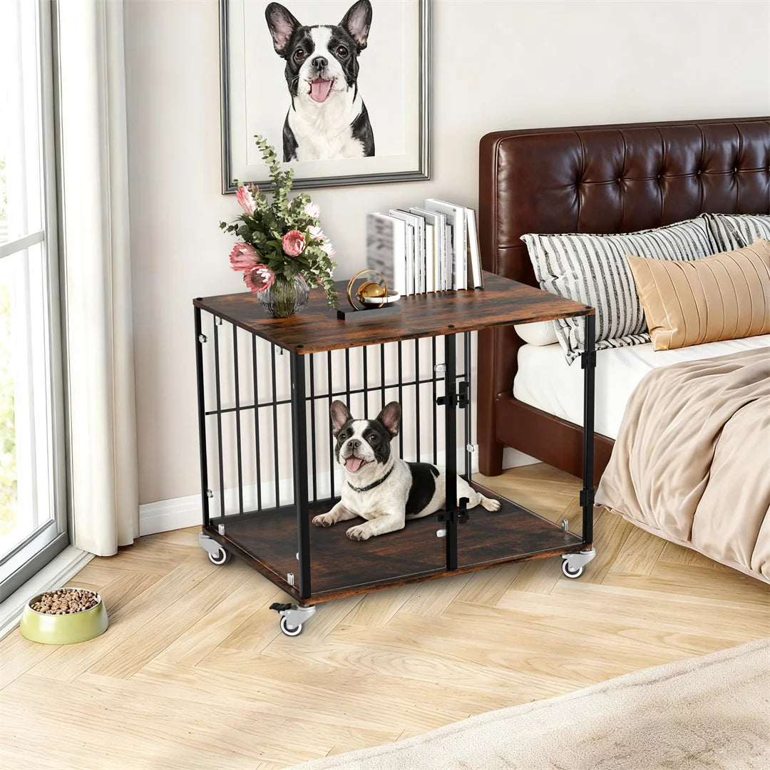 Furniture-Style Dog Kennel with Side Table and Lockable Wheels