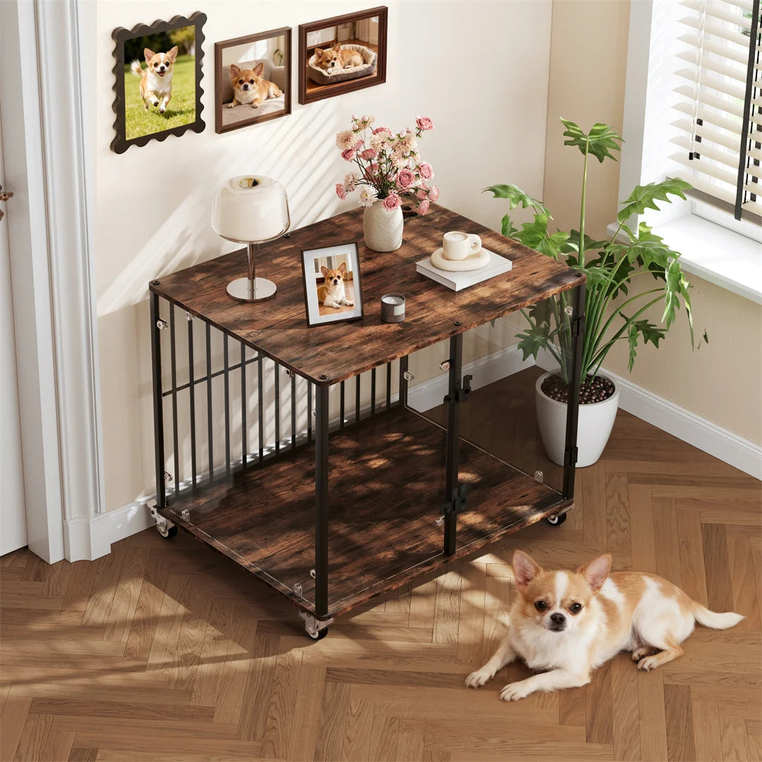 Furniture-Style Dog Kennel with Side Table and Lockable Wheels